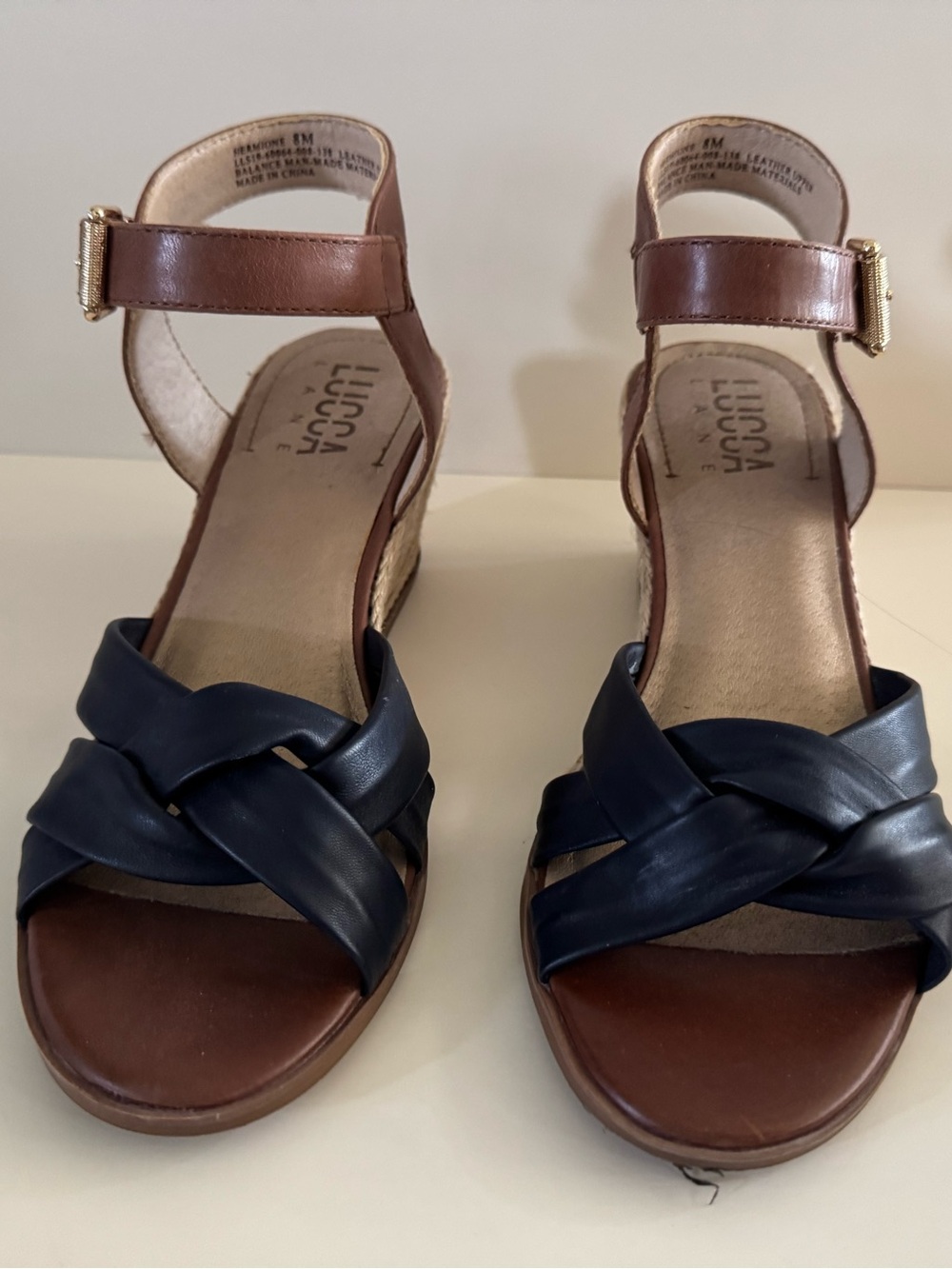 Lucca Lane Two-Tone Braided Wedge Sandals in Navy and Brown